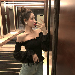 2022春夏气质性感露肩一字肩抹胸上衣女高级感收腰漏锁骨雪纺衫