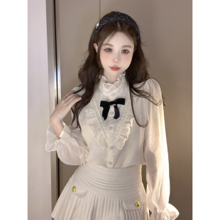 内搭泡泡袖 女秋冬宫廷风亮丝衬衣打底衫 上衣 蝴蝶结衬衫 小香风法式