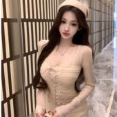 收腰纯欲蕾丝上衣 交叉绑带性感网纱T恤女修身 2025秋冬新款 法式