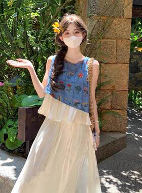 蓝色棉麻无袖上衣女夏季多