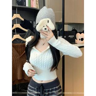 纯欲v领连帽麻花毛衣女春秋收腰内搭针织打底衫高腰露脐短款上衣