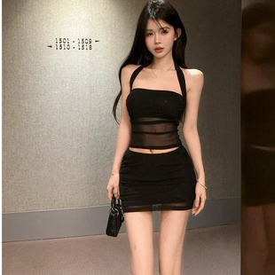 辣妹黑色性感短款露脐挂脖上衣半身包臀裙套装网纱短裙时尚两件套
