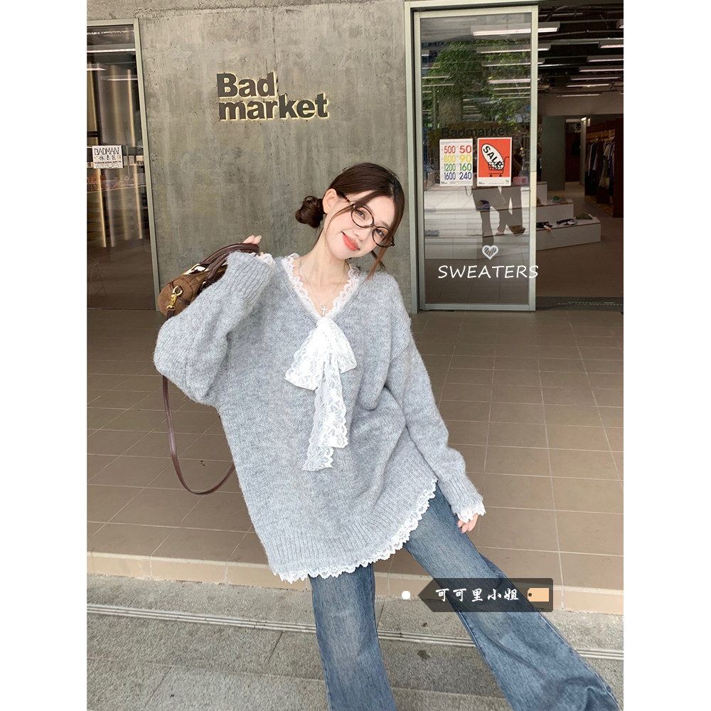 蕾丝蝴蝶结拼接宽松长袖毛衣女装2024秋季慵懒风针织衫中长款上衣