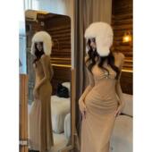 网纱镂空宴会晚礼服 修身 高级感时尚 风圆领烫钻包臀连衣裙春夏新款