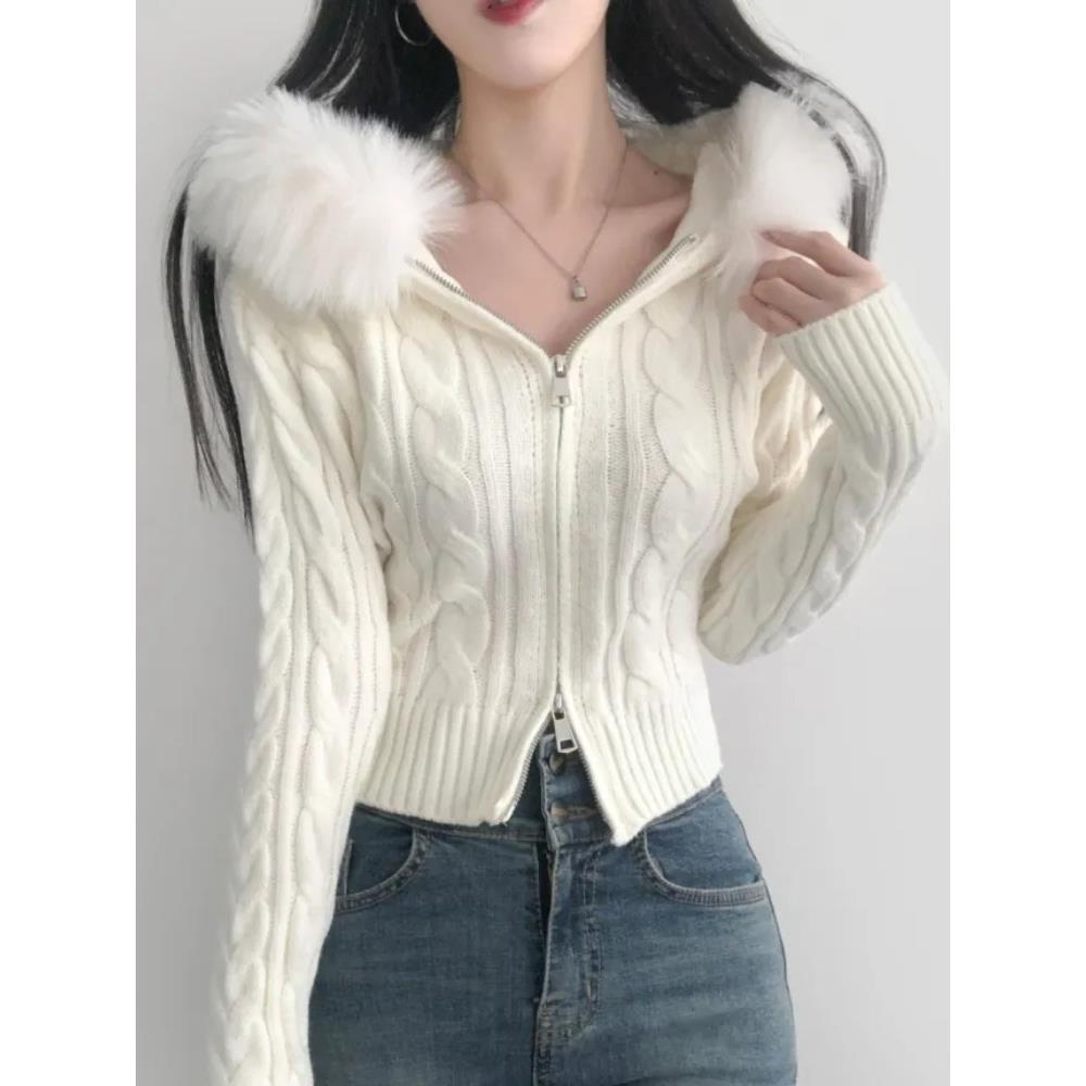 韩国chic秋冬时尚拉链毛毛领外套