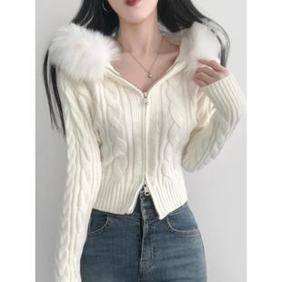 韩国chic秋冬时尚拉链毛毛领连帽针织衫修身加厚短款麻花毛衣外套