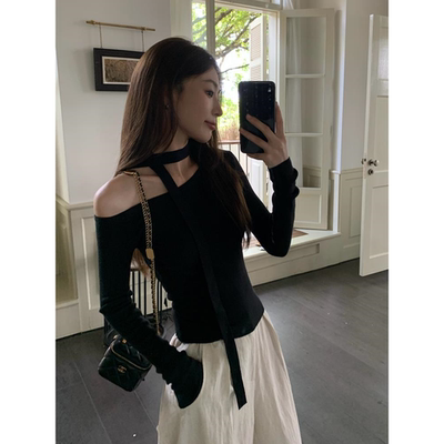 黑色针织衫女设计感小众韩