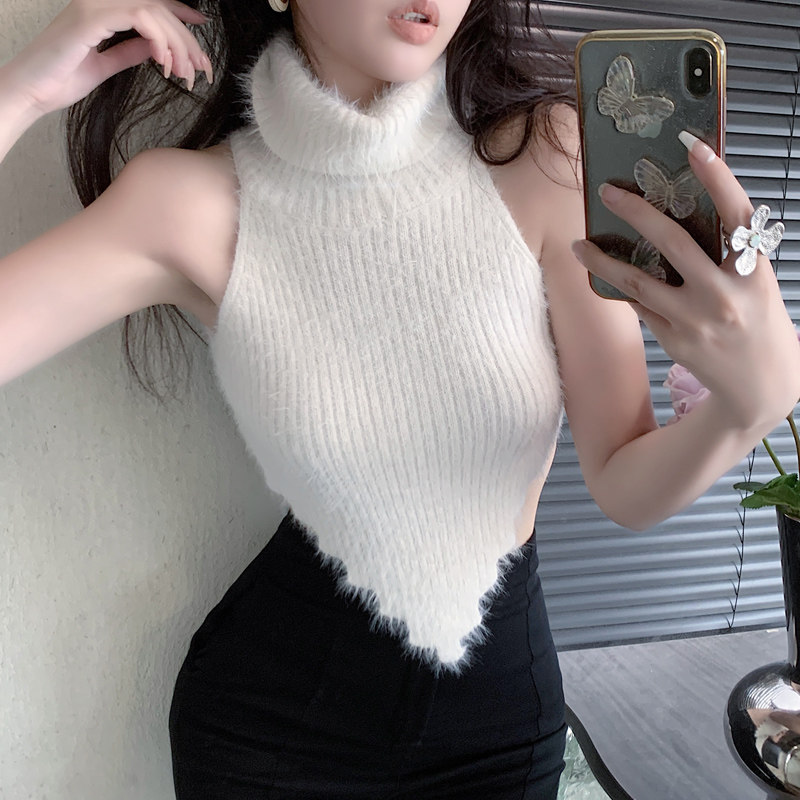 辣妹不规则设计感小众秋冬季露背毛毛高领背心女修身针织短款上衣,女装/女士精品,背心吊带,淘宝优惠券,粉丝福利购,淘宝优惠卷