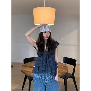 韩国东大门bertha不规则花边下摆衬衫女百搭短款小众无袖蕾丝上衣