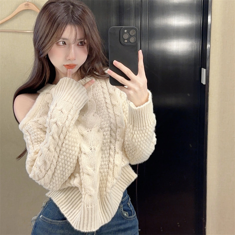 气质设计感露肩毛衣女春季镂空复古麻花慵懒宽松显瘦长袖针织上衣