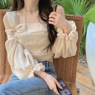 约会超仙气质露肩雪纺上衣 女春夏新款 纯欲风显瘦设计感短款 衬衫