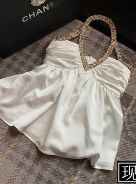 樊樊 2023新款V领挂脖缎面白色上衣女夏季性感气质温柔高级感