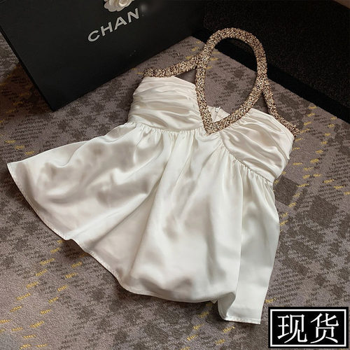缎面上衣白色性感新款V领挂脖女