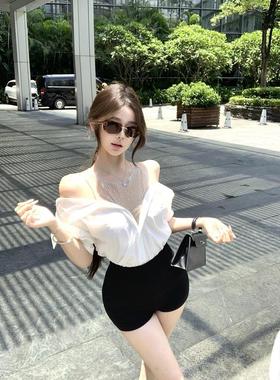 拼接网纱假两件烫钻长袖衬衫女装秋季设计感收腰衬衣白色露肩上衣