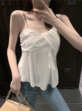 吊带不规则斜领露肩无袖感收衬衣