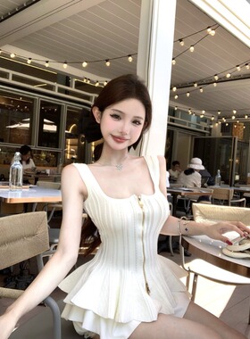 双拉链白色方领针织吊带背心女夏季修身收腰无袖外穿辣妹短款上衣