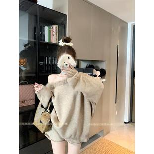 灰色两件套chic 新款 毛领斜肩宽松套头毛衣休闲针织短裤 女2025秋季