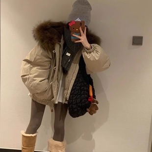 2025冬派克服连帽宽松大毛领棉衣棉服加厚加绒牛角扣百搭短外套女