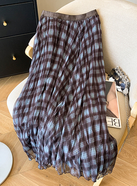 高腰半身裙女春季新款韩版复古网纱百褶格子裙a字遮胯显瘦长裙潮