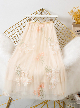 绣花网纱半身裙女春秋新款a字中长款碎花刺绣小众温柔气质百褶裙