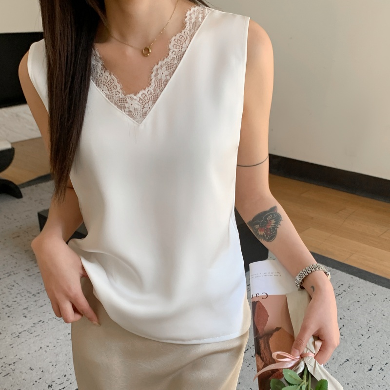 春夏轻奢醋酸缎面无袖背心西装内搭丝滑质感V领蕾丝百搭吊带打底
