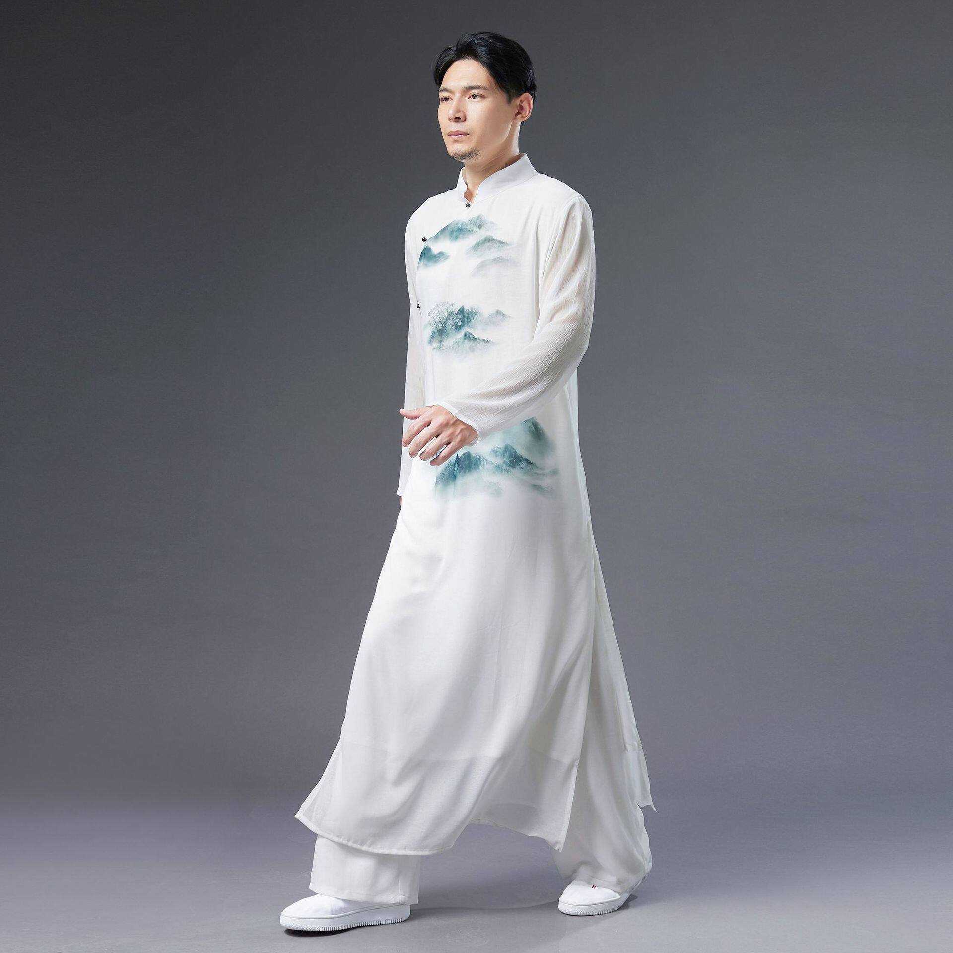 25夏季新款立领黛山雪纺男式古装汉服白色长款斜襟设计民族服饰