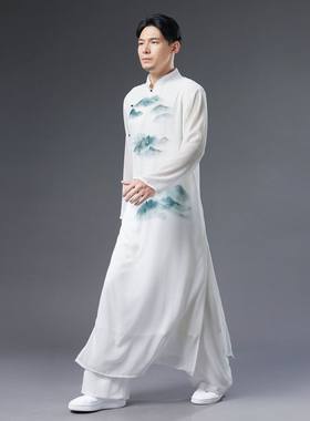 25夏季新款立领黛山雪纺男式古装汉服白色长款斜襟设计民族服饰