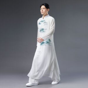 25夏季新款立领黛山雪纺男式古装汉服白色长款斜襟设计民族服饰