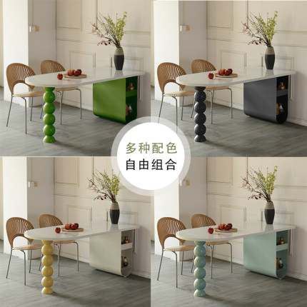 奶油风半圆岛台餐桌小户型家用实木餐边柜一体网红岩板餐桌椅组合