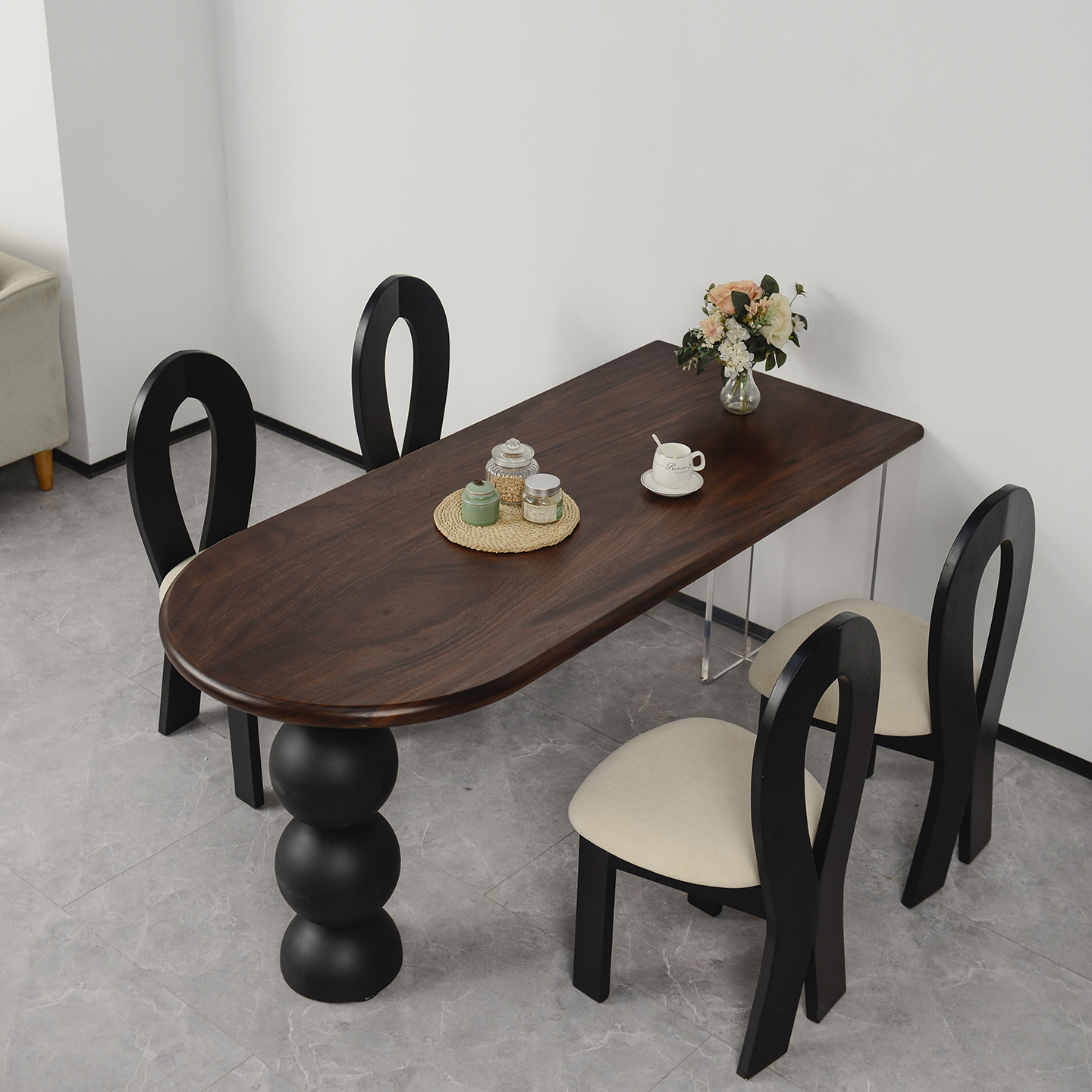 亚克力实木悬浮餐桌简约家用原木胡桃木半圆岛台饭桌书桌椅小户型