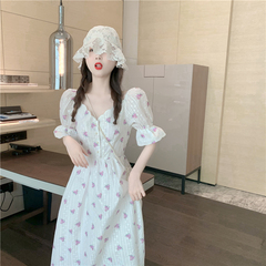 Real photo real price Purple Rose Flower Fairy white dress trumpet sleeve medium long first love skirt