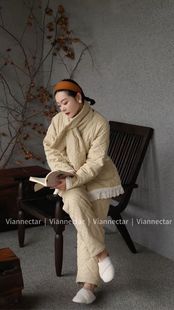 温温家原创设计师品牌维安花密波点荷叶边三层夹棉睡衣家居服套装