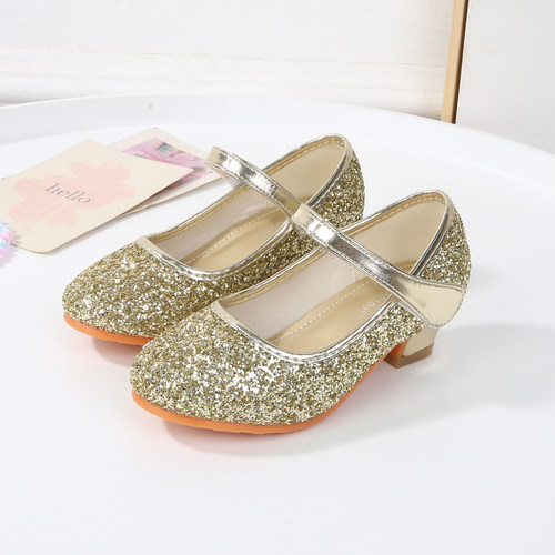 2025新款金色亮片玛丽珍鞋女童演出鞋公主水晶鞋春秋魔术贴单鞋