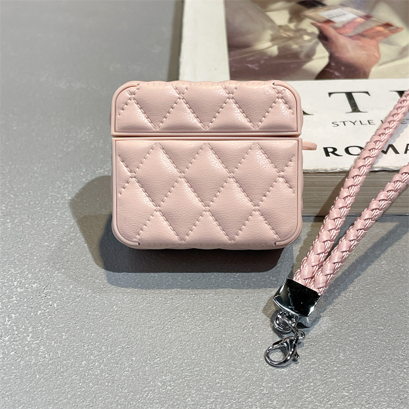 新款粉色菱格皮质适用AirPods1/2/3/4/5代苹果蓝牙耳机套AirPods pro2简约软壳AirPods 4代2024款