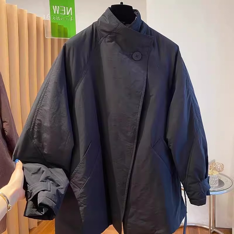 高级感黑色夹棉风衣外套女冬季大码胖mm宽松时髦立领加厚棉服棉衣