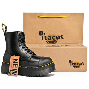 Dr马丁靴女秋冬季中帮英伦风工装靴厚底高帮靴黑色真皮鞋休闲女靴