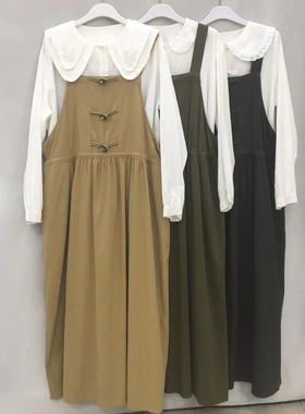 春秋装新款森女文艺复古中长款宽松休闲背带背心连衣裙15755