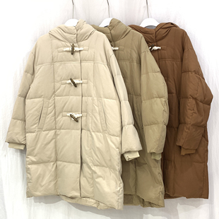 冬季新款牛角扣中长款羽绒服女白鸭绒纯色宽松休闲外套棉服森系