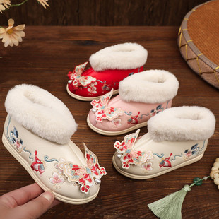 冬款皮面防滑儿童汉服鞋中国风女童绣花鞋加绒加厚靴子手工布鞋子