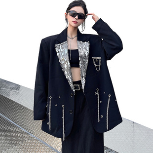 重工亮片西装外套女亮闪闪春秋欧洲宽松设计感小众拼接链条上衣