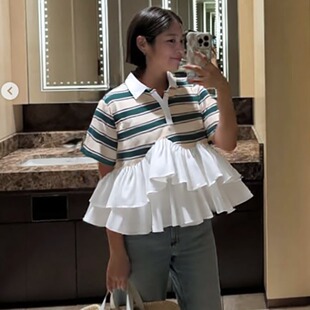 粗横条纹翻领t恤女短袖 设计感小众拼接下摆荷叶边上衣 遮肚子高腰