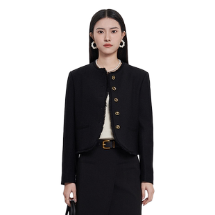 IVYKKI艾维秋季新款时尚圆领小香风毛须边绵羊毛短款外套女士