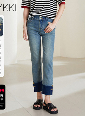 IVYKKI艾维女装春季新款韩版通勤直筒裤拼接做旧高腰牛仔裤长裤