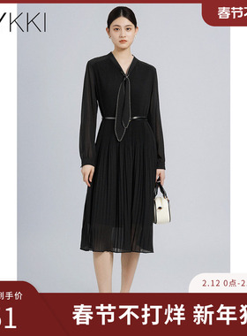 IVYKKI艾维2025年春夏新款连衣裙女气质显瘦百褶裙黑色中长款裙子