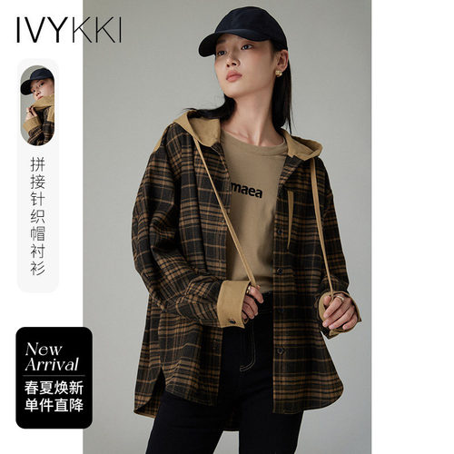ivykki宽松复古长袖格纹衬衫外套