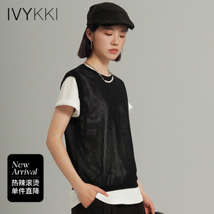 IVYKKI艾维镂空套头罩衫女装2026年夏季圆领无袖毛针织衫T恤背心