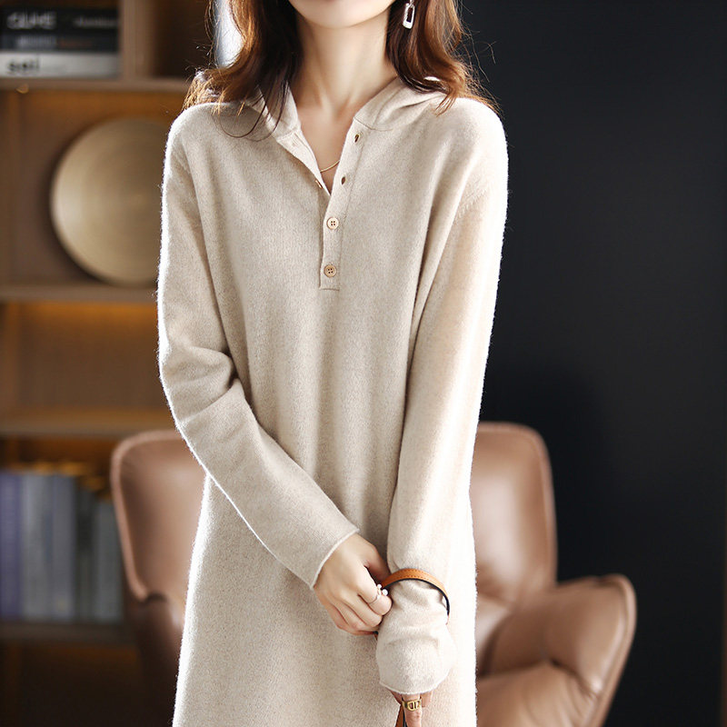 中长款过膝连帽针织卫衣100%纯羊毛衫女连衣裙毛衣裙帽衫上衣