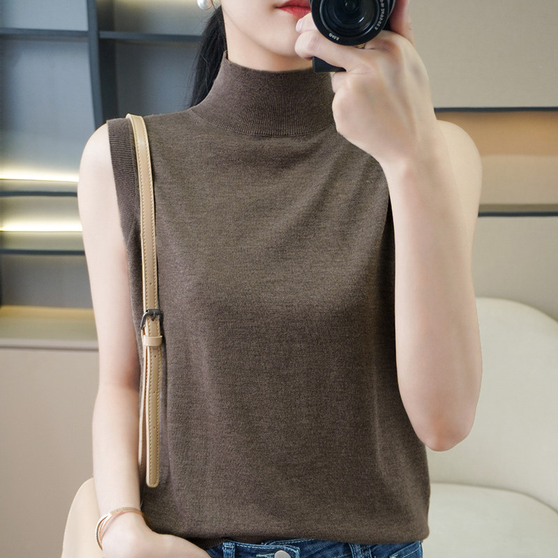 无袖半高领超细羊毛衫女薄款背心内搭修身显瘦打底衫针织上衣外穿