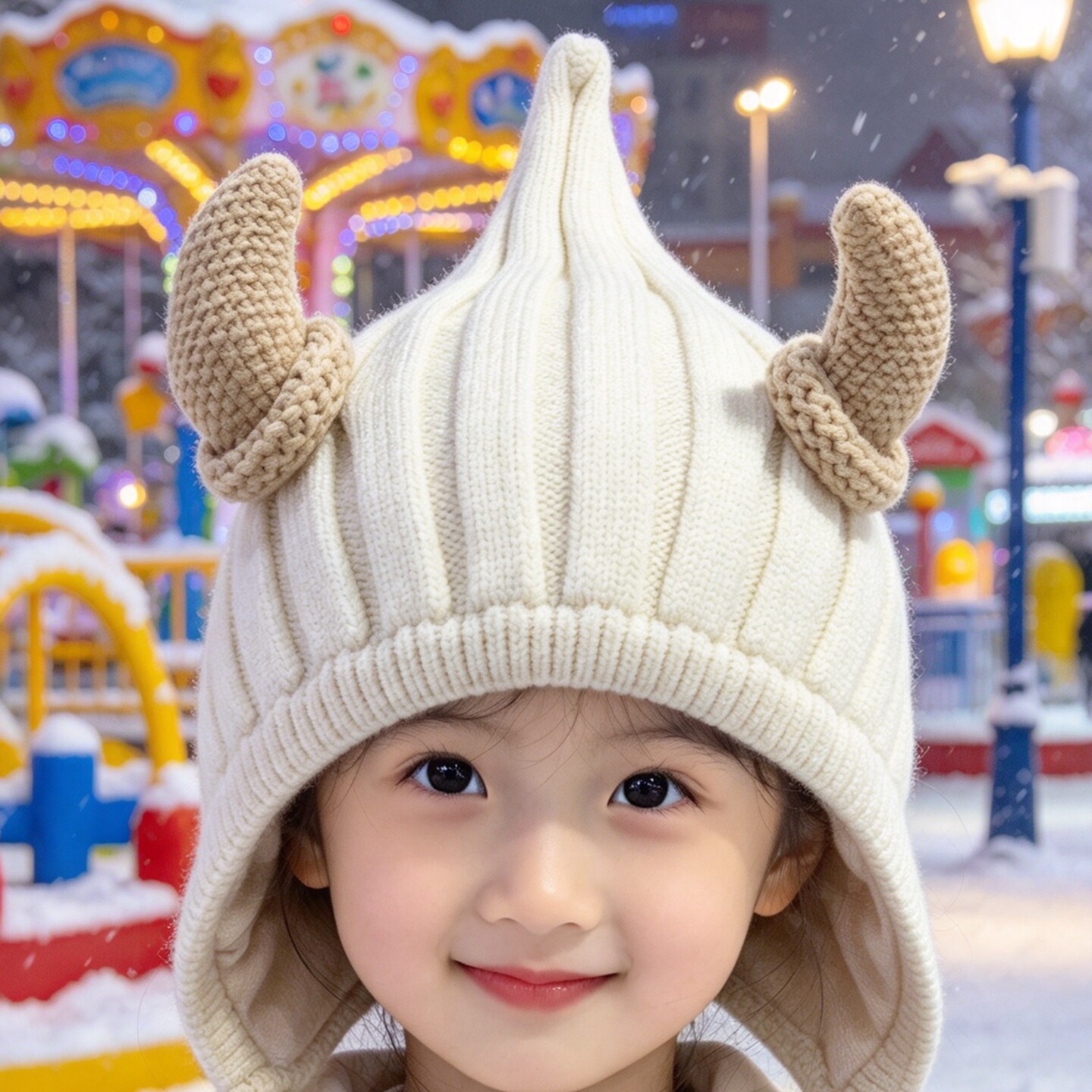 萌趣立体小恶魔角婴儿防风系带帽