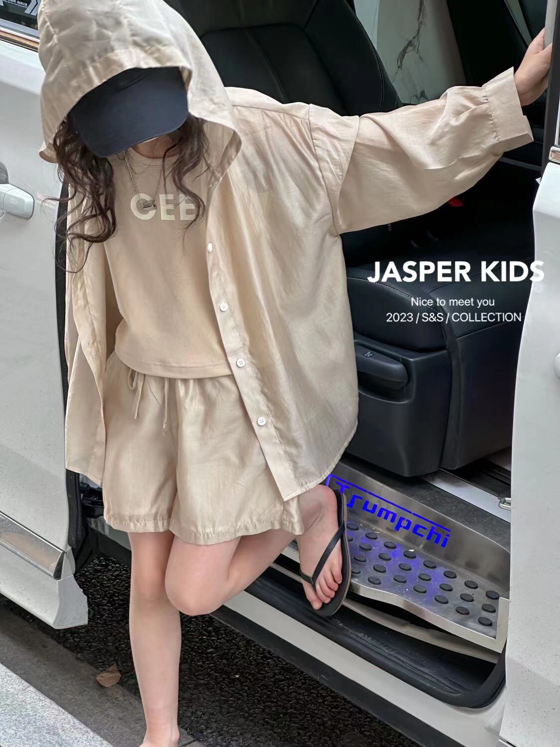 韩国Jasper正品童装女童2023年夏装新款三件套天丝防晒套装